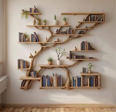 Home Decor Ideas Books, Wood Cabin Furniture, Book Shelf Ideas Minimalist, Reading Room For Adults, Book Displays Ideas, Elegant Wall Shelves, Bookshelf Hanging Wall, Tree Wall Bookshelf, Home Wood Decor Ideas