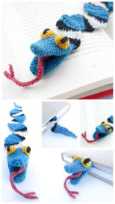 crocheted bookmarks made to look like cartoon characters are featured in this photo