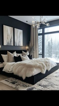 Dark Modern Master Room, Bedroom And Sitting Room In One, Mom Bedroom Ideas Decor Cozy, Modern Luxury Bedroom Master Suite Black And White, Elegant Rooms Bedrooms, Modern Black White Bedroom, Black Bedroom Decor Aesthetic, White And Black Apartment Aesthetic, Darker Bedroom Ideas