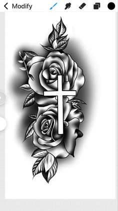 a cross and roses tattoo design on an iphone screen, with the app icon in the background