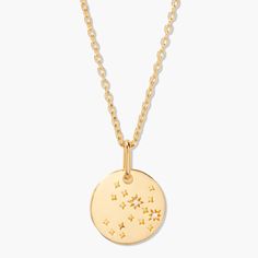 Wear the stars with this stylish Skyler Zodiac Pendant. Featuring a golden zodiac symbol of your choice, this pendant is sure to bring out your inner astrologer and make you shine. Available in 14k gold vermeil 5/8" disc pendant 1mm white sapphire crystals 16" cable chain with 2" extender Lobster claw closure With customization this item is FINAL SALE SKU: BYN1443 Celestial Zodiac Sign Gold-plated Jewelry, Celestial Zodiac Sign Pendant Necklaces, Celestial Zodiac Sign Pendant Necklace, Celestial Zodiac Pendant Necklace, Celestial Gold-plated Zodiac Jewelry, Gold-plated Celestial Zodiac Jewelry, Yellow Gold Zodiac Sign Charm Pendant Necklace, Gold Celestial Zodiac Sign Charm Necklace, Gold Celestial Charm Necklace With Zodiac Sign