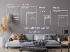 the wall art size guide for living room is shown in white and gray, along with two