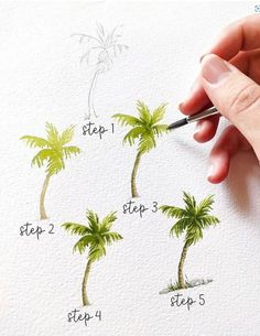 someone is drawing three palm trees on the paper with their hands and pencils, which are labeled step - by - step