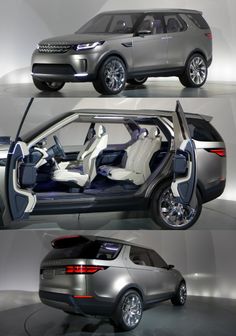 the new range rover concept is shown in three different angles, with its doors open