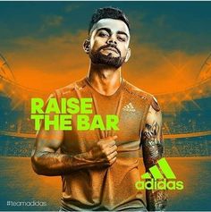 a man with tattoos standing in front of an orange and blue background that says raise the bar