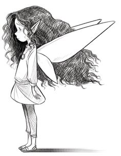 a drawing of a girl with long hair holding a surfboard in one hand and looking at the sky