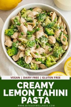 a bowl full of creamy lemon tahiti pasta with chicken and broccoli on the side