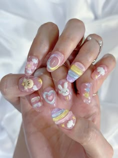 Pastel Nails With Charms, Press On Nails Aesthetic Short, Cute 3d Gel Nails, Korean 3d Jelly Nails, Kawaii Nails Medium, Sculpture Gel Nails Art, Korean Short Nails Ideas, Pastel 3d Nails, Cute Nails 3d