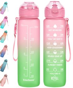 two water bottles with measuring lines on the side and one is pink, green, and blue