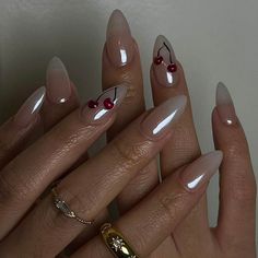 Classy Nails 2023, Pomegranate Nails, Cherry Nails Acrylic, Pisces Nails, L Nails, Press On Nail Designs, Ombre Chrome, Nails Cherry, Cherry Nail Art