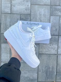 Blinged out bridal Air Force 1 sneakers personalized for the brides special day 👰🏻 **PLEASE READ LISTING CAREFULLY**  SNEAKERS: This listing if for Nike Air Force 1, if you would like something different please message me :) Personalization section please add: *your name  *date of wedding *if you want them without any customization please type (no customization) NOTE: A proof of your lettering will be sent to you within 72 hours of purchasing, please check your messages to approve image. If seller does not hear back within another 48 hours will proceed with shoes accordingly.  Price breakdown: *Full Shoe $290      -This option includes all white pearls on 4 Nike symbols both inner and outer sides, back heel and front toe area as shown in photos. This option is with regular laces. Name & Bride Sneakers Wedding Nike, White Bridal Sneakers, Wedding Air Force Ones, Air Force 1 Wedding, Sneaker Wedding, Wedding Tennis Shoes, Bride Sneakers, Wedding Shoes Sneakers, Bridal Sneakers