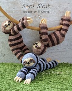 two stuffed sloths hanging on a tree branch with the caption sock sloth free pattern and tutor