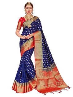 PRICES MAY VARY. Saree Color: Navy Blue | Blouse Color: Red Saree Fabric: Banarasi Art Silk | Blouse Fabric: Banarasi Art Silk Saree Length :- *5.5 Meter* , Blouse Length :- *0.8 Meter* Saree Work :- *Woven * , Blouse Work :- *Woven * Saree Comes with Unstitched Blouse piece, which is attached with end of the saree only. Buyer have to cut blouse part from the saree. Stitching service will not be available. There might be color variation due to screen resolution and digital photography The Design Saree Stitching, Saree Work, Flag Dress, Cut Blouse, Fashion Sarees, Sarees For Women, Navy Blue Blouse, Art Silk Sarees, Red Saree