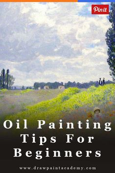 oil painting tips for beginners book cover with landscape and people in the distance, title is oil painting tips for beginners