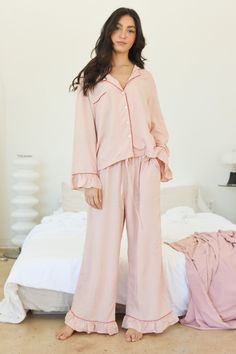 Ready to ship. Our latest addition the day nap pajama, meant to be worn day and night! Featuring bamboo fabric, in gorgeous azo free dyes. Ruffles at the sleeve and the hem, elastic waist, and a super comfy fit. closes at the front with buttons. Machine wash ok. Feminine Pjs Pajama Set, Button Up Pjs Pajama Set, Matching Set Pajamas, Night Pajamas For Women, Womens Pajamas Set, Sleep Clothes For Women, Classy Pajamas, Pretty Pyjamas, Pink Christmas Pajamas