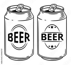 two beer cans with the word beer in black and white, one is open to reveal its