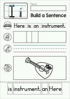 a worksheet with the words build a sentence and an instrument on it's side