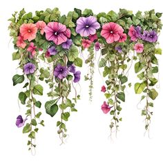 an arrangement of flowers hanging from the side of a white wall with vines and leaves