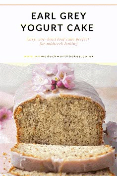 a loaf of cake with white frosting and pink flowers on top, next to the words easy grey yogurt cake