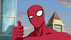 a spider - man giving the thumbs up sign in front of a building with a sky background