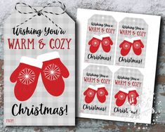 christmas gift tags with red mittens and snowflakes