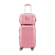 two pieces of pink luggage with hello kitty on the top and bottom, both in different colors