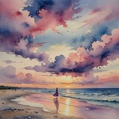 a watercolor painting of a person walking on the beach at sunset with clouds in the sky