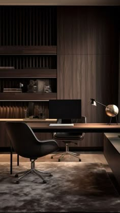 an office with a desk, chair and computer on the table in front of bookshelves