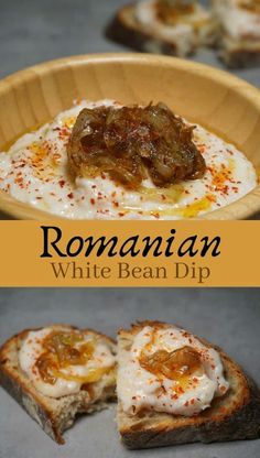 some food that is in a bowl and on a plate with the words roman white bean dip