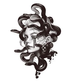 a drawing of a woman with snakes on her head