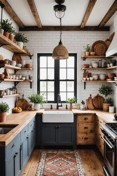 a kitchen with open shelving and wooden shelves filled with pots, pans, and plants