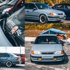 four different pictures of cars parked in a parking lot