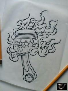 a drawing of a skull holding a lighter with flames coming out of it's mouth