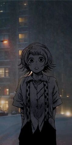 a drawing of a girl standing in the middle of a street at night with buildings behind her