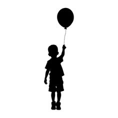 a black and white silhouette of a young boy holding a balloon in the air with one hand