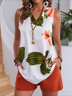 Summer Casual Tropical Print Tank Top & Shorts Orange Casual,Boho  Sleeveless Woven Fabric Tropical,Plants  Non-Stretch  Women Clothing, size features are:Bust: ,Length: ,Sleeve Length: Casual Bridesmaid Dresses, Dirndl Outfit, Bandeau Tops, Top And Shorts Set, Vacation Tops, 1920s Flapper Dress, Short Playsuit, Mini Robes, Pregnancy Maxi Dress