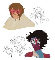 some drawings of two people with different facial expressions and hair styles, one is wearing a mask