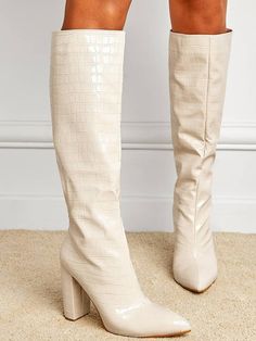 Croc Embossed Chunky Heeled Boots | EMERY ROSE Green Knee High Boots, Chunky Heeled Boots, Crocs Boots, Winter Heels, Gogo Boots, Chunky Heels Boots, Chunky High Heels, Estilo Chic, Boots Women Fashion