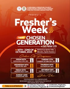 the poster for fresher's week is shown in red and orange colors, with an image of people on it