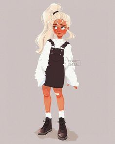 a cartoon girl with white hair and black overalls standing in front of a gray background