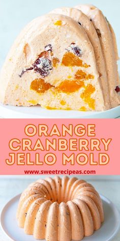 an orange cranberry jello mold on a plate next to a bundt cake