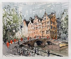 watercolor painting of people walking and riding bikes on a bridge over a river with buildings in the background