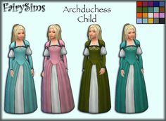 four different colored dresses with long sleeves and bows on the shoulders, in various colors