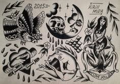 an old school tattoo design is shown in black and white, with lots of other tattoos