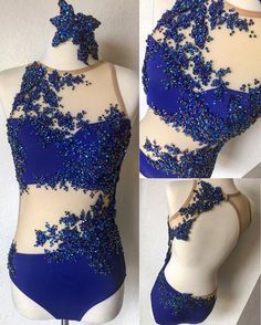 the back of a blue and white bodysuit with sequins on it