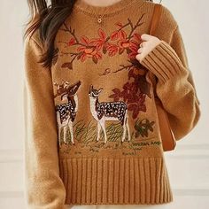 Cozy Deer Embroidered Crew Neck Sweater - Soft, Elegant, Long Sleeve, Winter-Friendly, Women's Clothing For Fall Season - Perfect For Casual Daily Wear Boutique Brand Women’s Apparel Standard Boutique Sizing Tags Shown As Letters. Sizing Chart: Size 2 = Xs Size 4 = S Size 6 = M Size 8/10 = L Size 12 = Xl Size 14 = Xxl !!*Please Note*!! This Is A Pre-Order Item And Requires A Longer Than Usual Shipping Time. Please Allow 7-14 Business Days Before Shipping. Please Consider This Time Frame Before P Autumn Sweaters, Plum Sweater, Vintage Knitwear, Goblin Core, Formal Dresses For Women, Fall Outfits Women, Womens Fall, Knitted Pullover, Denim Women