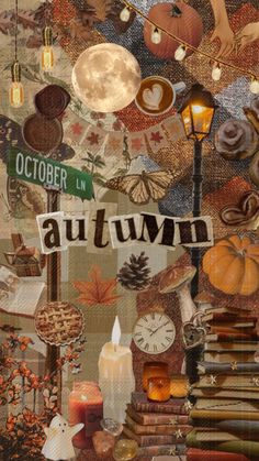 an autumn collage with candles, books and other items