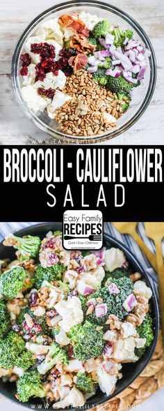 broccoli cauliflower salad in a skillet with the title above it