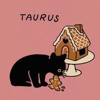 there is a cat that is eating from a cake on the table and it says taurus