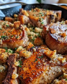 some meat in a skillet with parsley on top and seasoning sprinkled around it